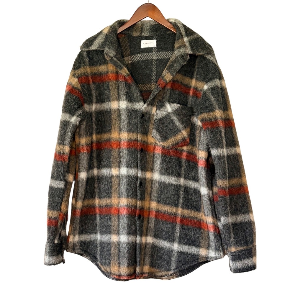 Christos Men XL Fuzzy Plaid Shacket Chore Charcoal Gray Rust‎ Mohair Gorpcore
